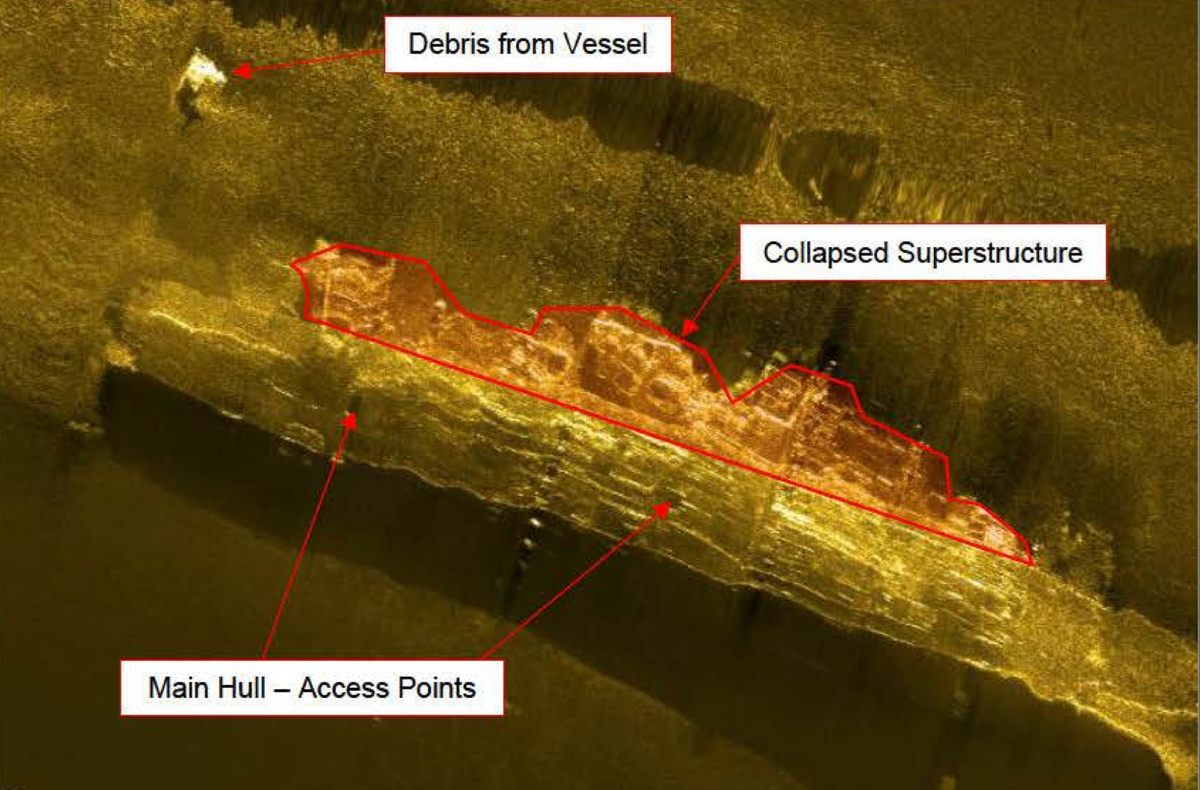 Adelaide side scan showing debris field to port side