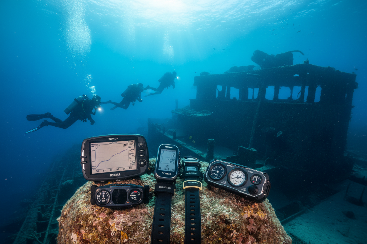 three scuba divers swimming over reef on way to wreck