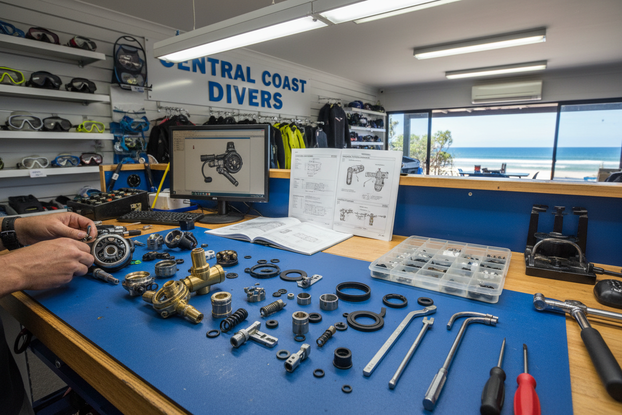 scuba regulator disassembled on a workbench awaiting service.