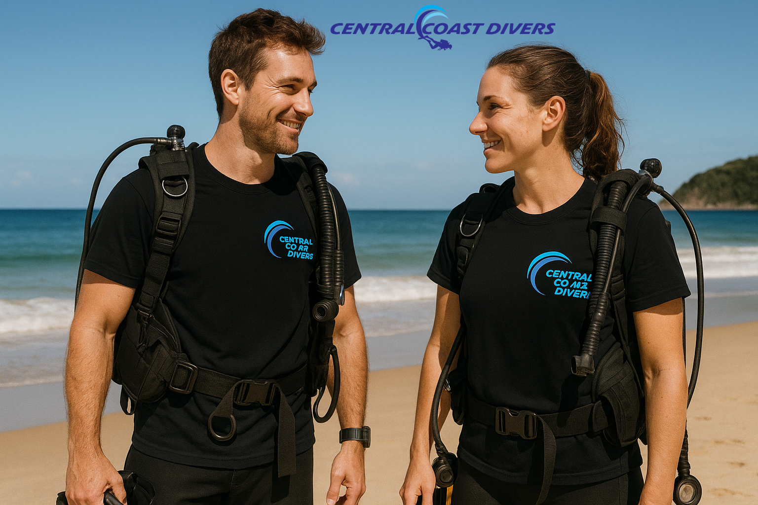two divers wearing central coast divers t shirts discussing the dive ahead, standing on a beach in sunny weather