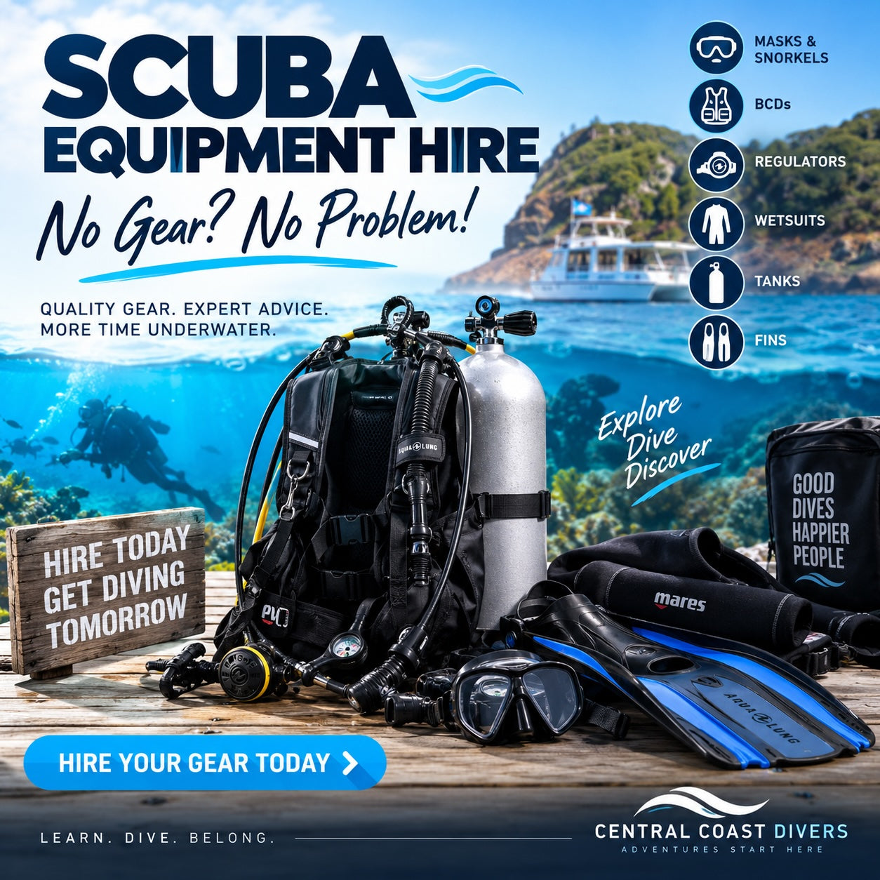 scuba rental equipment available for tanks, BCDs and air delivery systems