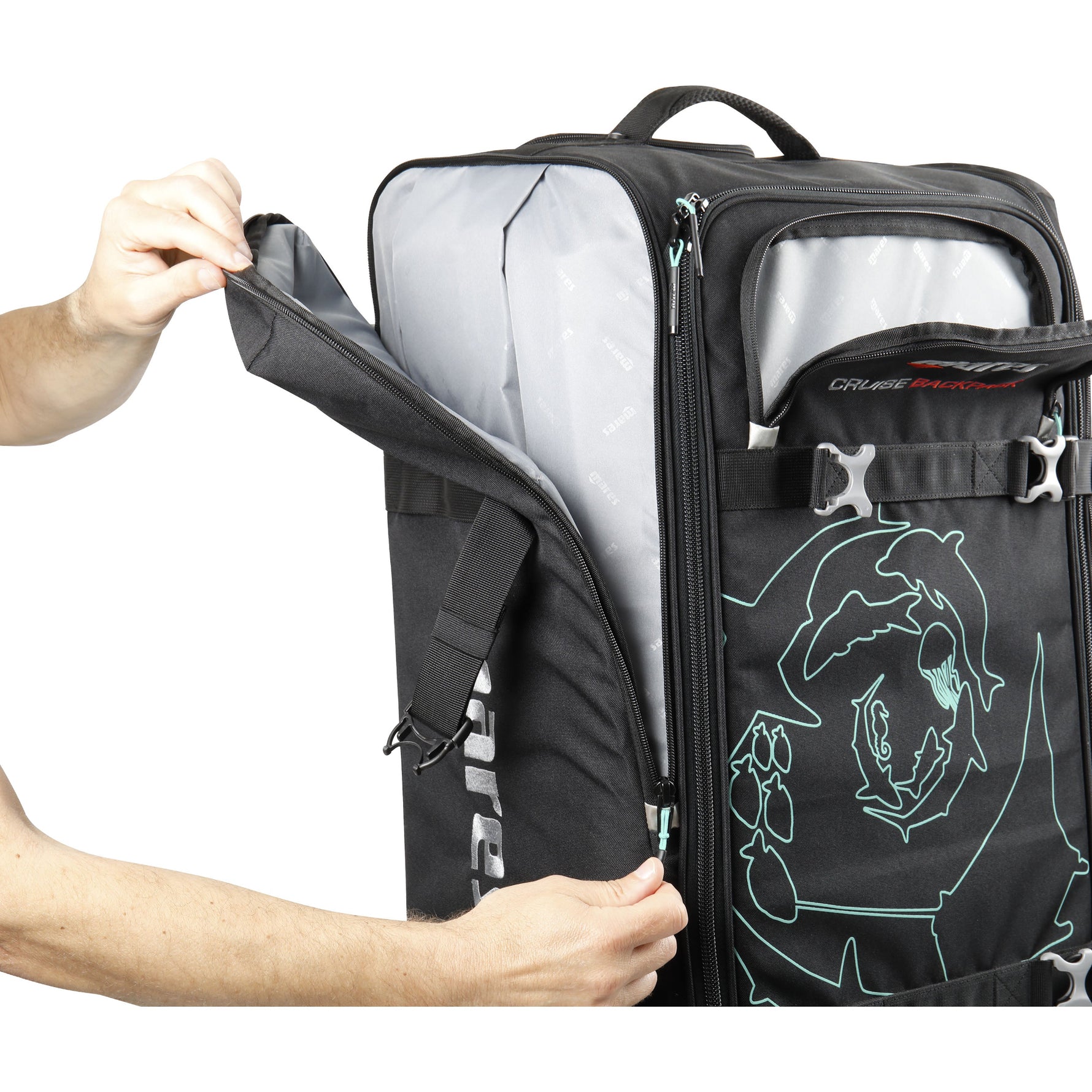 Person opening a black backpack with a graphic design on a white background