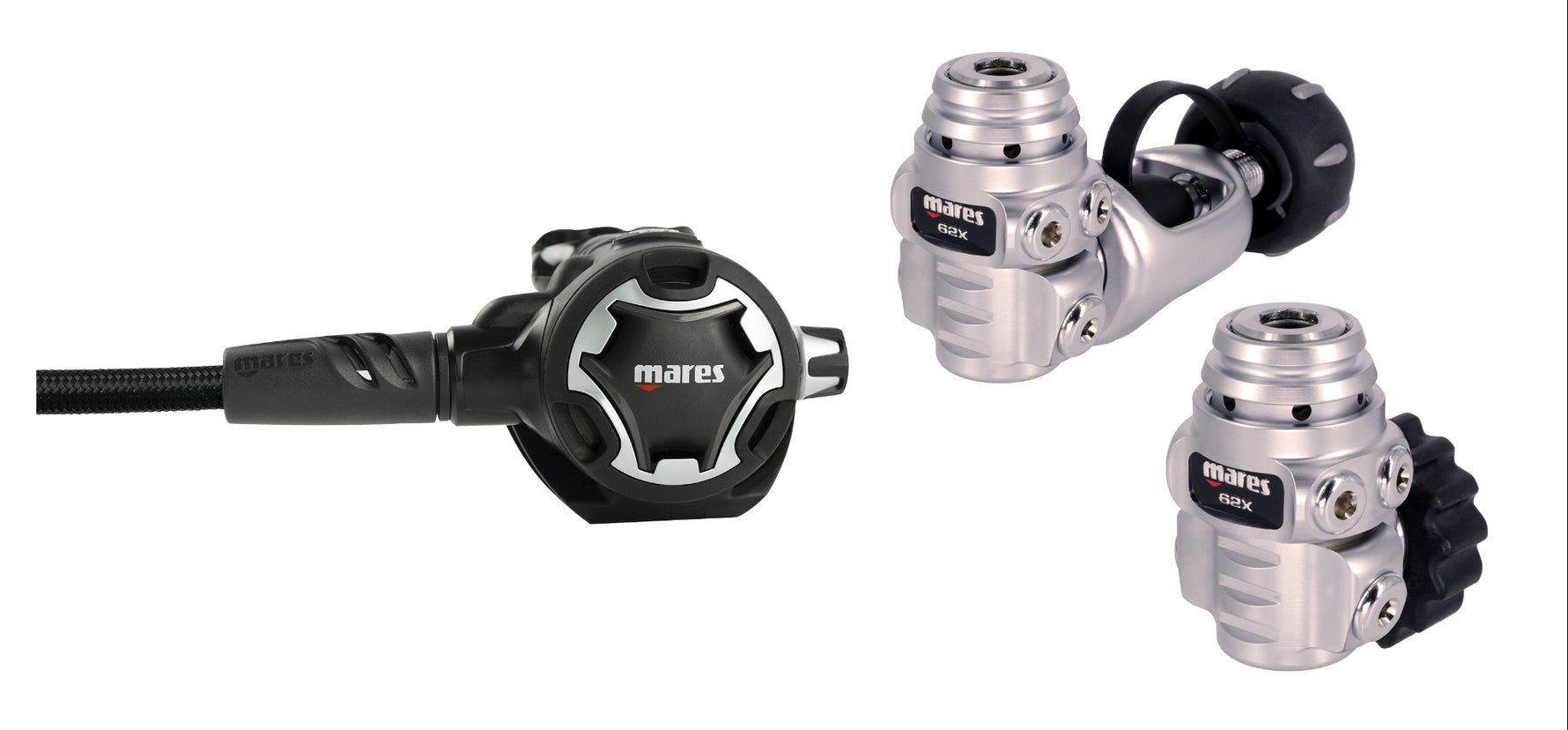 Three diving regulators with 'Mares' branding on a white background