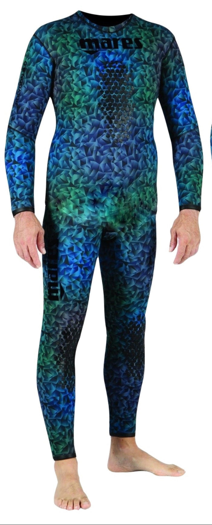 A Mares brand wetsuit with an indigo and blue camouflage pattern, paired with Mares Concorde fins and a Mares Tana mask.