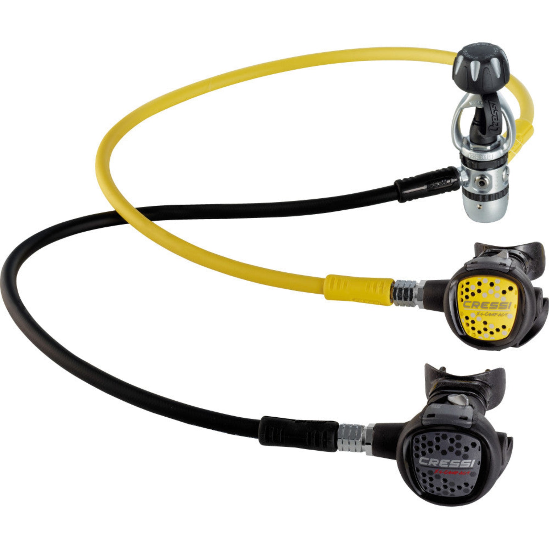 Two scuba regulators with yellow and black hoses on a white background