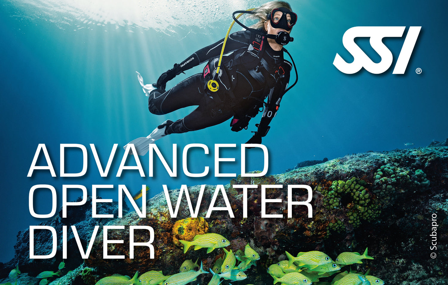 Diver in scuba gear with SSI logo and 'Advanced Open Water Diver' text underwater.