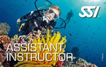 Diver on a coral reef with SSI Assistant Instructor text and logo.