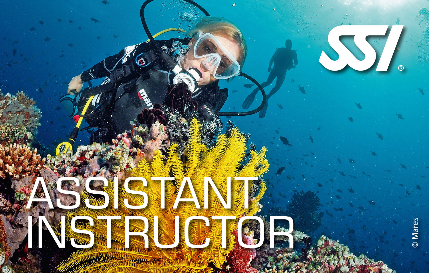 Diver on a coral reef with SSI Assistant Instructor text and logo.