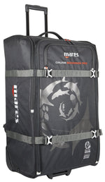 Black travel bag with visible branding on a white background