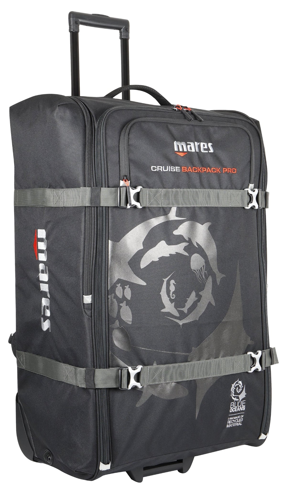 Black travel bag with visible branding on a white background