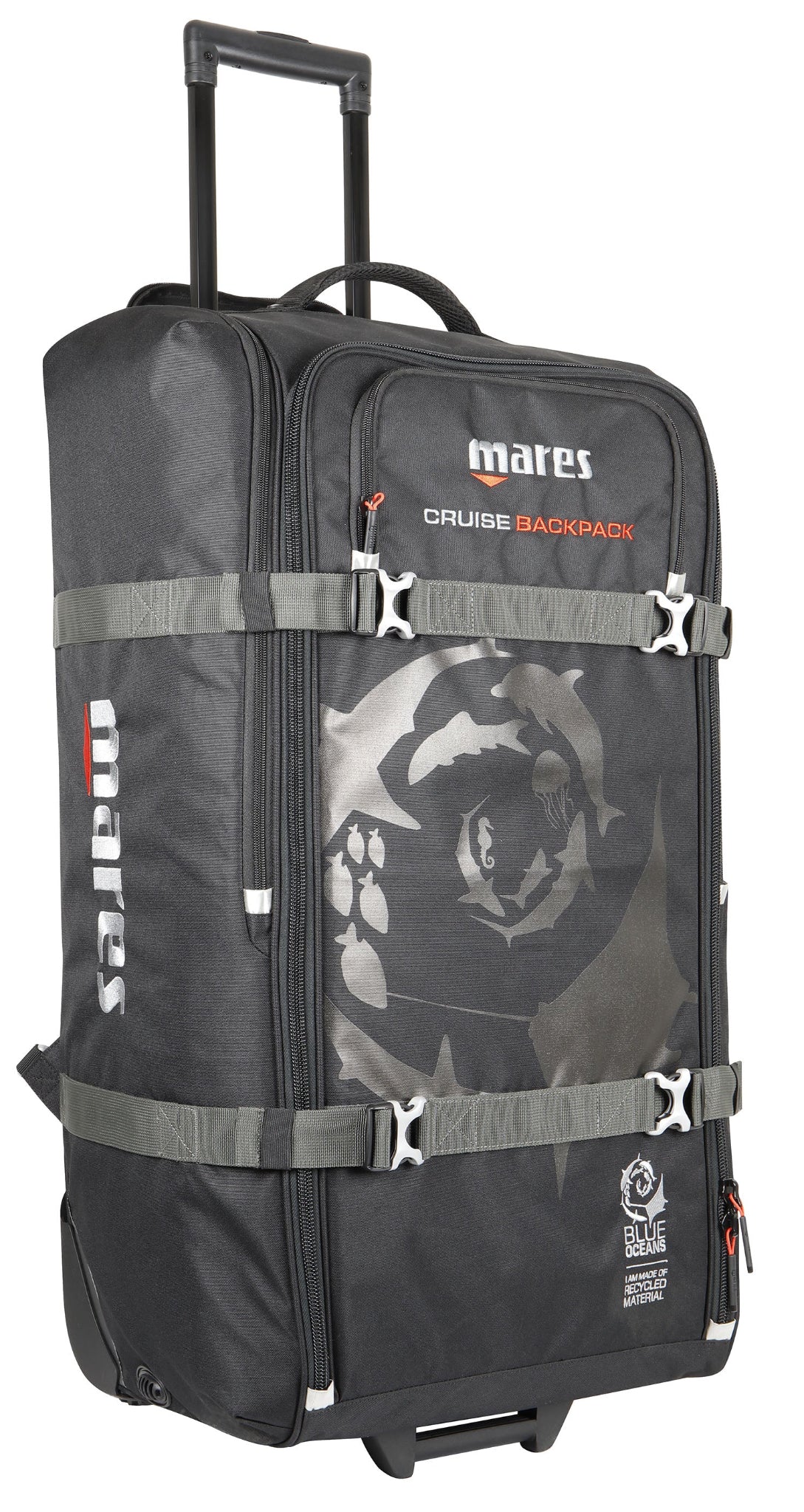 Black rolling backpack with Mares branding on a white background