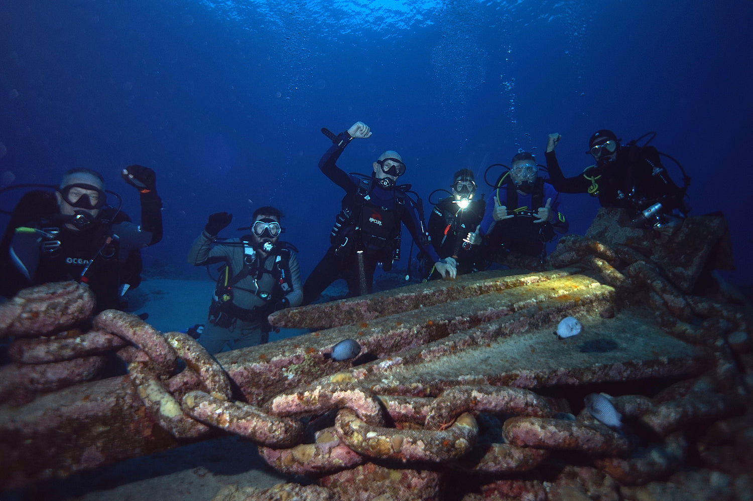 divers examining anchor underwater
