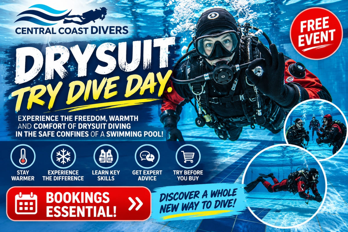 trying a drysuit in a swimming pool