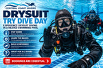Promotional advertisement for Central Coast Divers Drysuit Try Dive Day, featuring a person in a black drysuit and mask swimming in a blue heated pool, with text highlighting benefits and booking information.