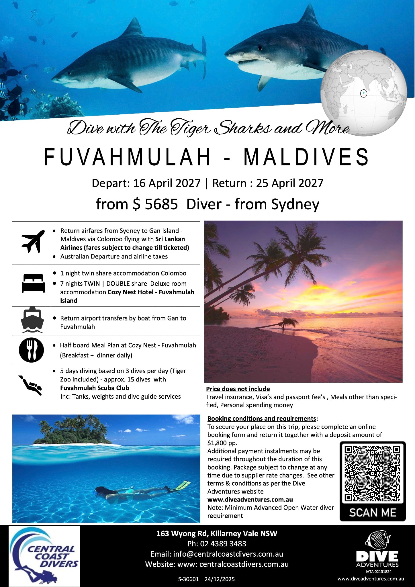 fuvahmulah in the Maldives flyer for central coast divers showing tiger sharks, tropical island scene with price for trip along with inclusions