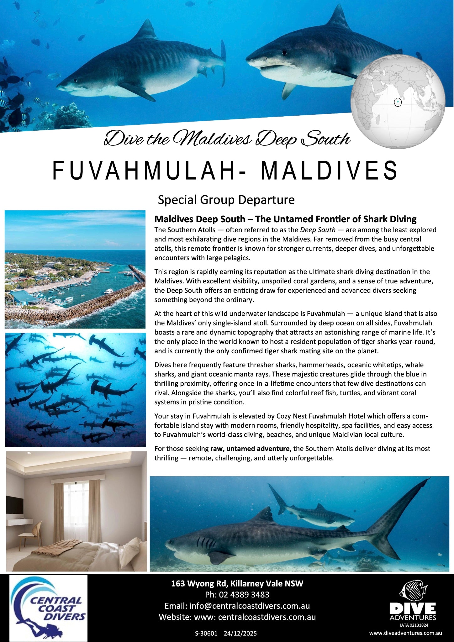 A promotional travel poster for a special group departure to Fuvahmullah Maldives, featuring a large blue whale, a white shark fin, and a resort interior photo. The text reads 'Dive the Maldives Deep South' and 'FUVAHMULLAH - MALDIVES' with descriptive copy about snorkeling, diving, and staying at Fuvahmullah Resort.