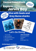 Advertisement for diving trips to Jervis Bay with Central Coast Divers, featuring text and images of divers and marine life.