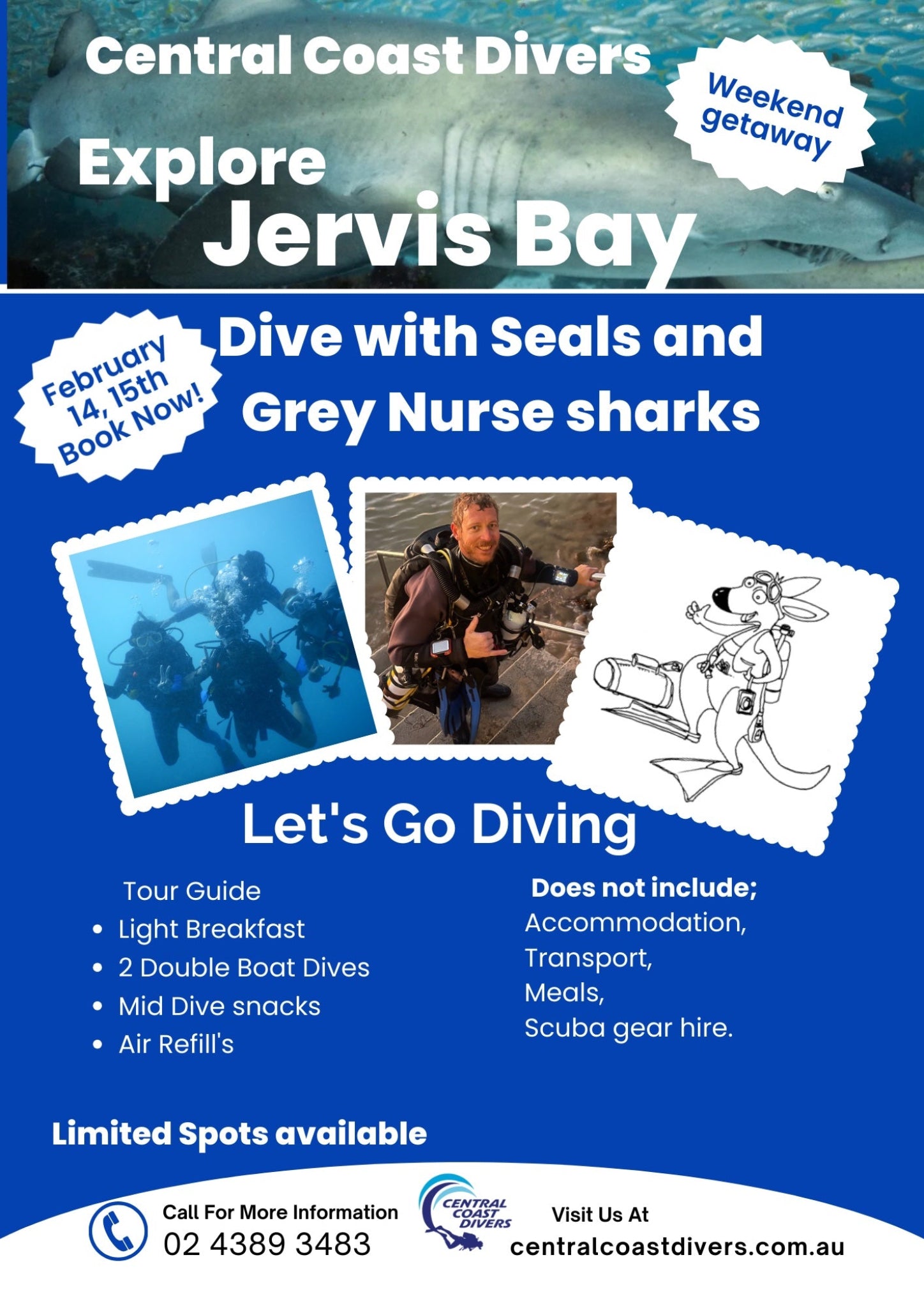 Advertisement for diving trips to Jervis Bay with Central Coast Divers, featuring text and images of divers and marine life.