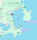 Map of Jervis bay and surrounding coastal areas with various locations marked, including beaches and lighthouses.