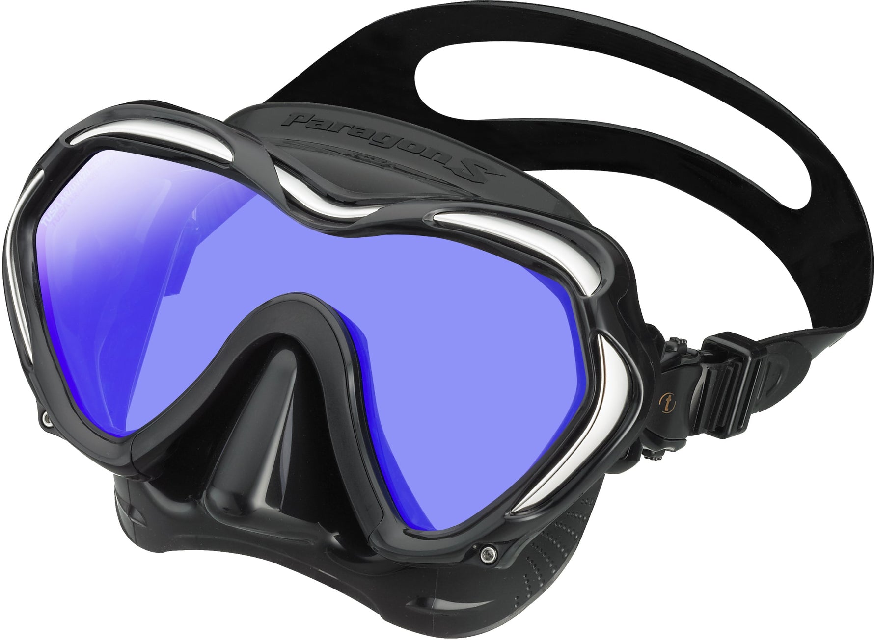 Black diving mask with blue-tinted lenses on a white background