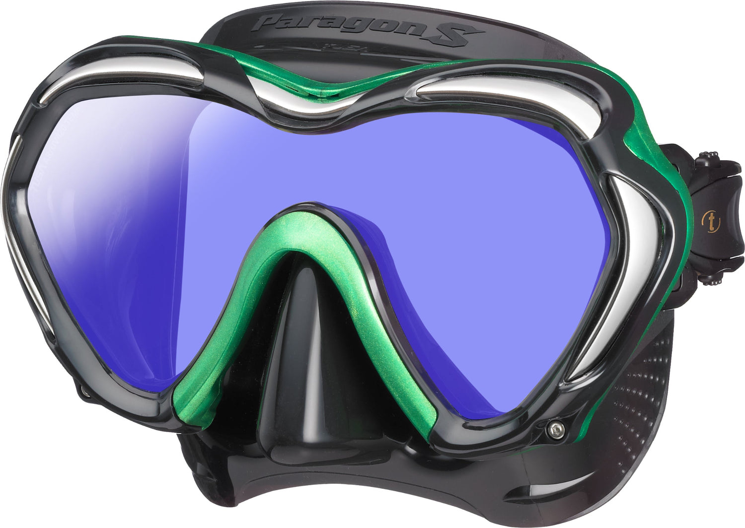 Diving mask with blue lens and green frame on a white background
