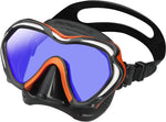 Diving mask with blue lens and black and orange frame on a white background