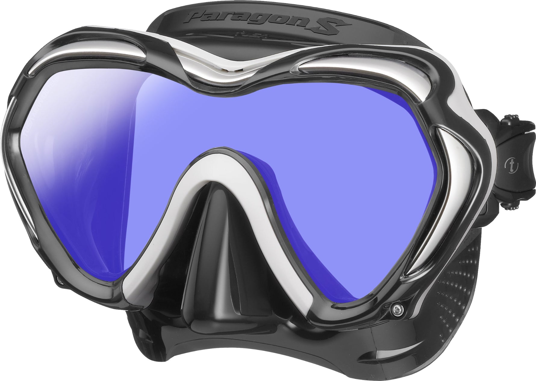Black and silver diving mask with blue lenses on a white background