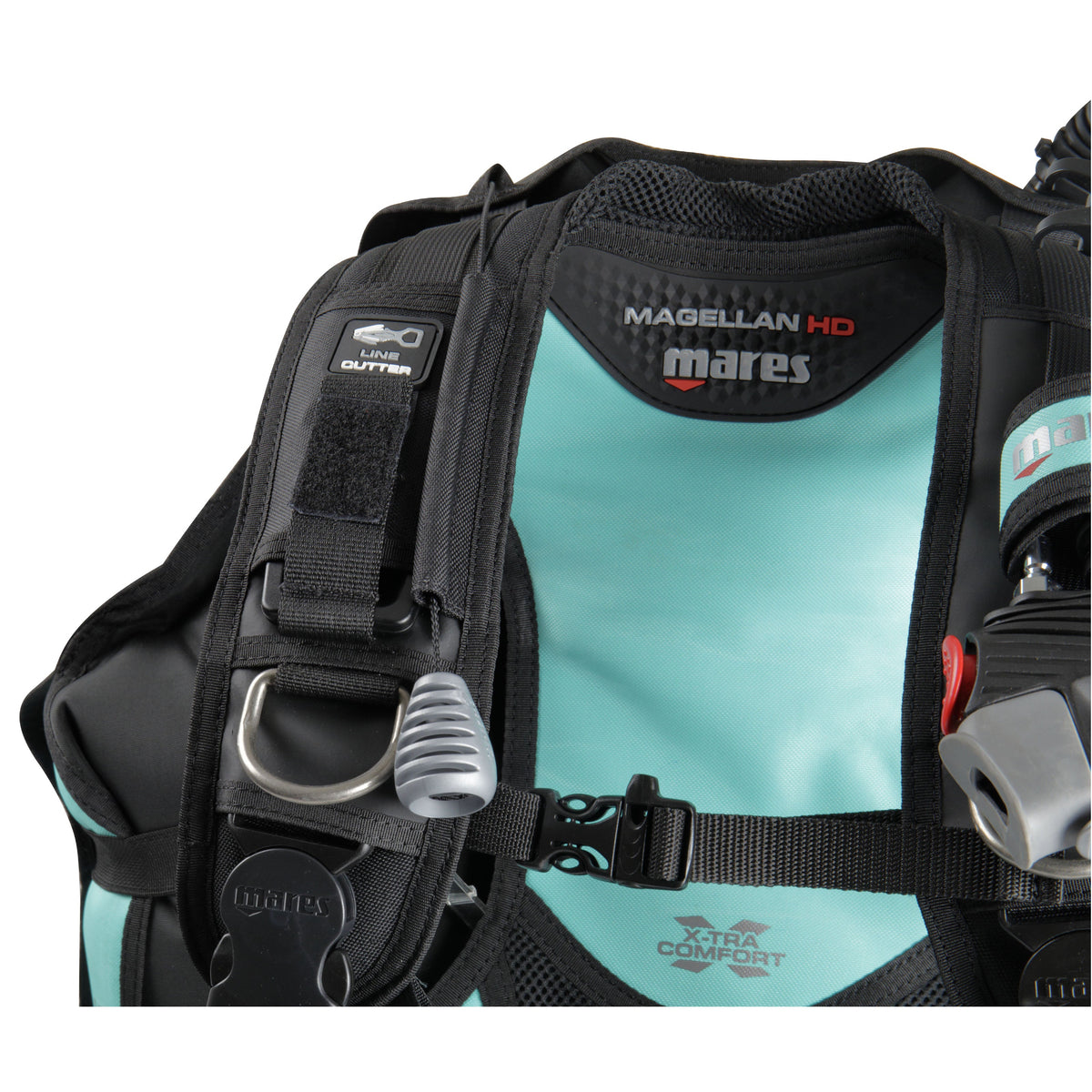 mares magellan travel bcd  shows where the line cutter can be stowed