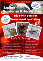 Advertisement for diving with seals at Narooma and Jervis Bay, featuring images of seals and a diver.