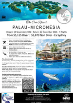 A promotional travel poster for a Palau-Micronesia diving tour by The Cave Resort and Central Cave Tours. The poster features a departure and return date, a price of $5,115 per person, and a large circular photo of a diver in a scuba tank at the bottom right.