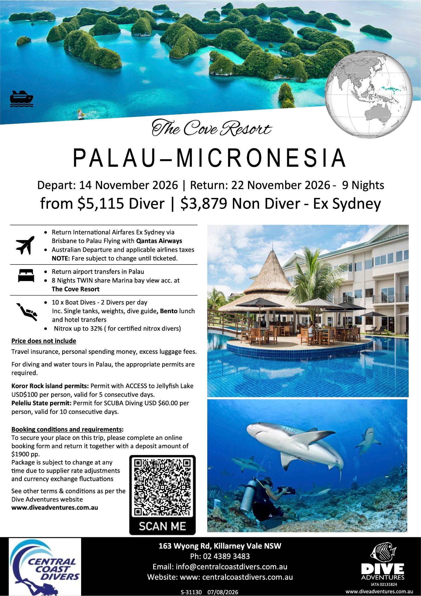 A promotional travel poster for a Palau-Micronesia diving tour by The Cave Resort and Central Cave Tours. The poster features a departure and return date, a price of $5,115 per person, and a large circular photo of a diver in a scuba tank at the bottom right.