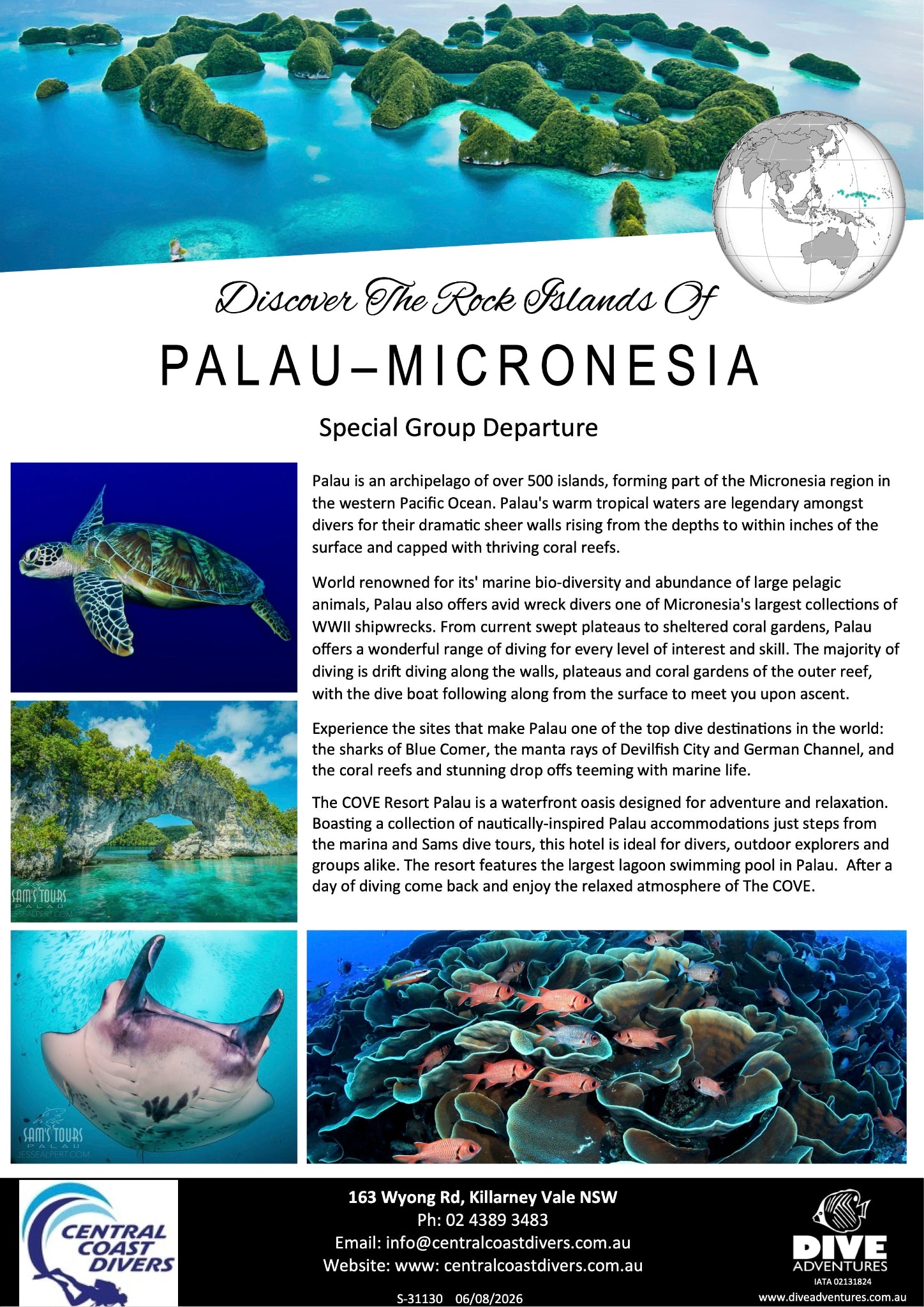 A promotional travel poster for Palau-Micronesia, featuring a large map, a white-and-blue header with the title 'Discover The Rock Islands OF PALAU-MICRONESIA', a photo of a diver swimming in clear blue water, a coral reef scene, and contact details for Central Coast Cruisers and Dive Centre Sydney.