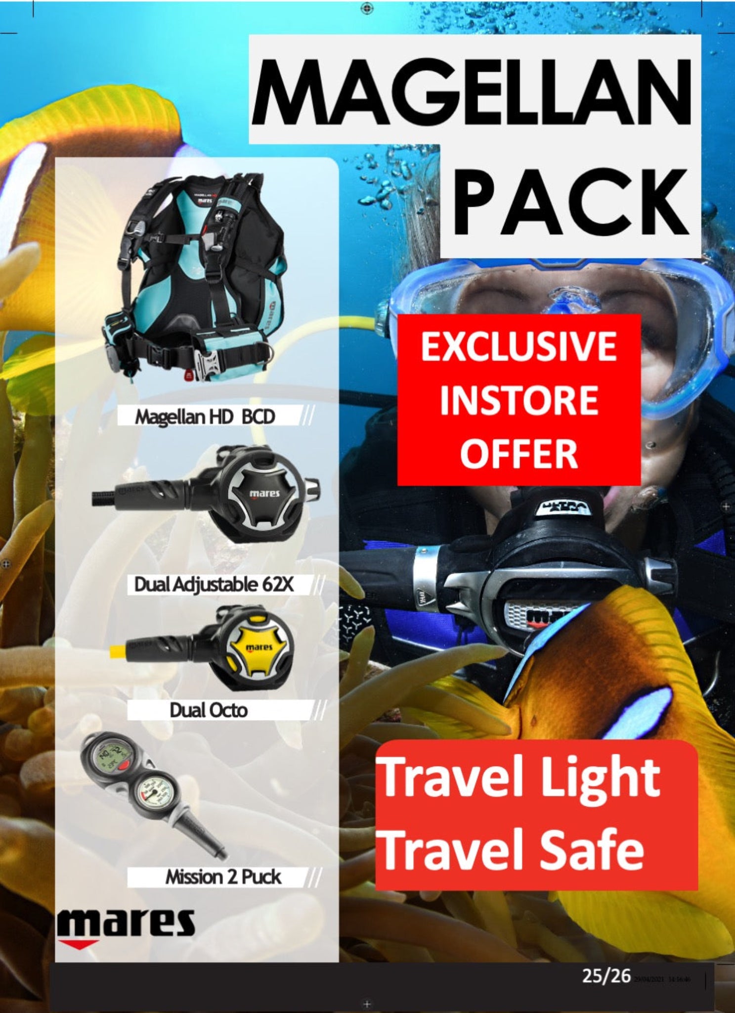 Diving equipment with Magellan Pack branding and promotional text.