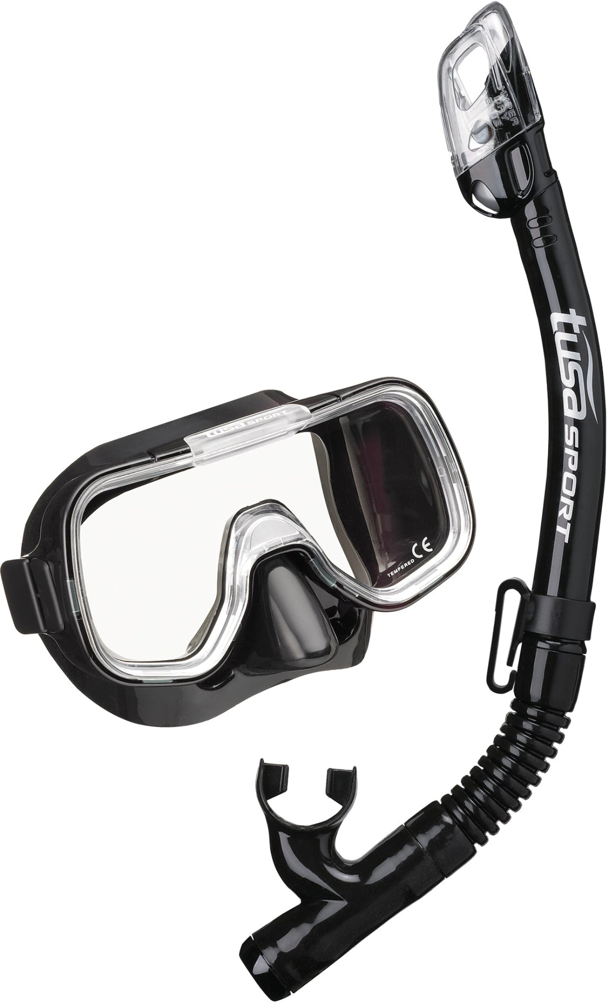 Diving mask and snorkel set with TUSA Sport branding on a white background