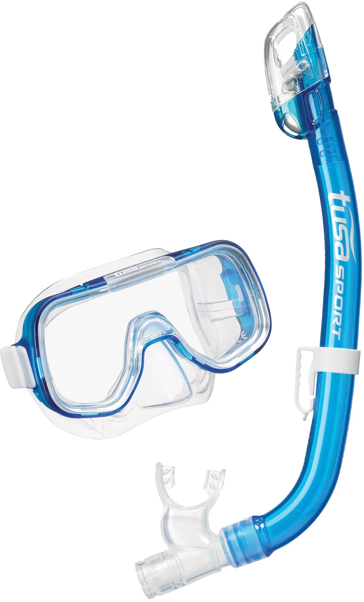 Blue snorkel mask and tube set on a white background