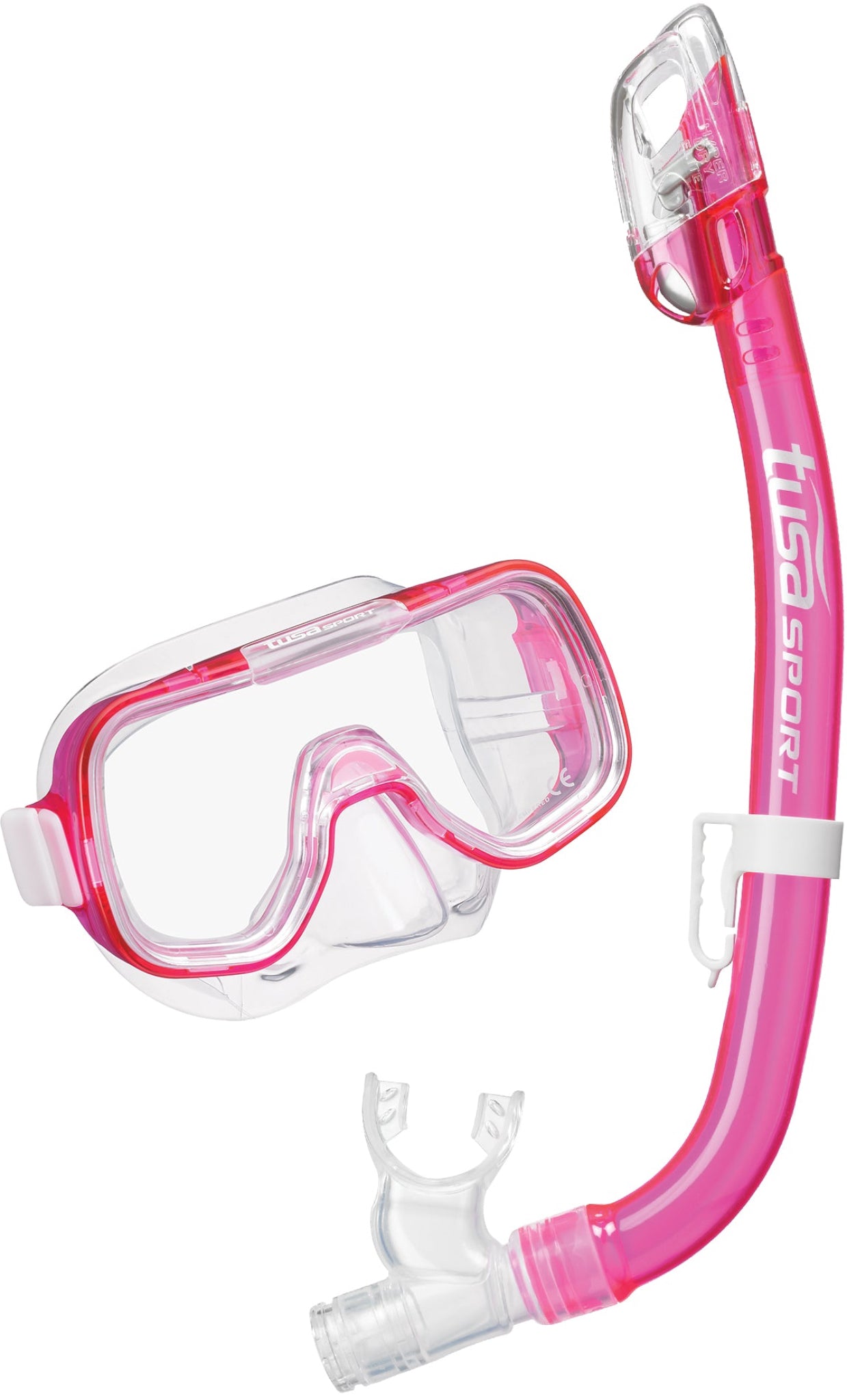 Pink snorkel mask and tube set on a white background