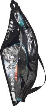 Black and clear packaging of a product with FDA compliance label on a white background