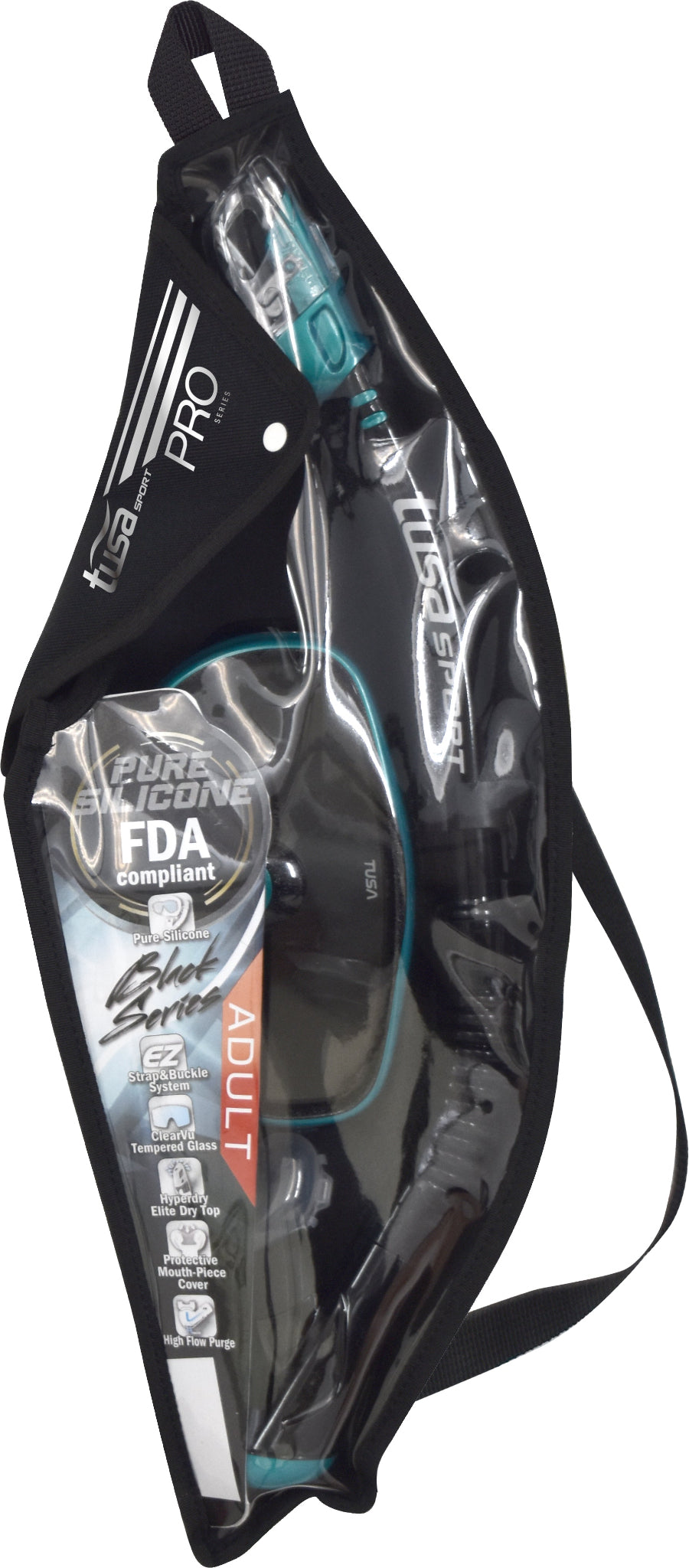 Black and clear packaging of a product with FDA compliance label on a white background