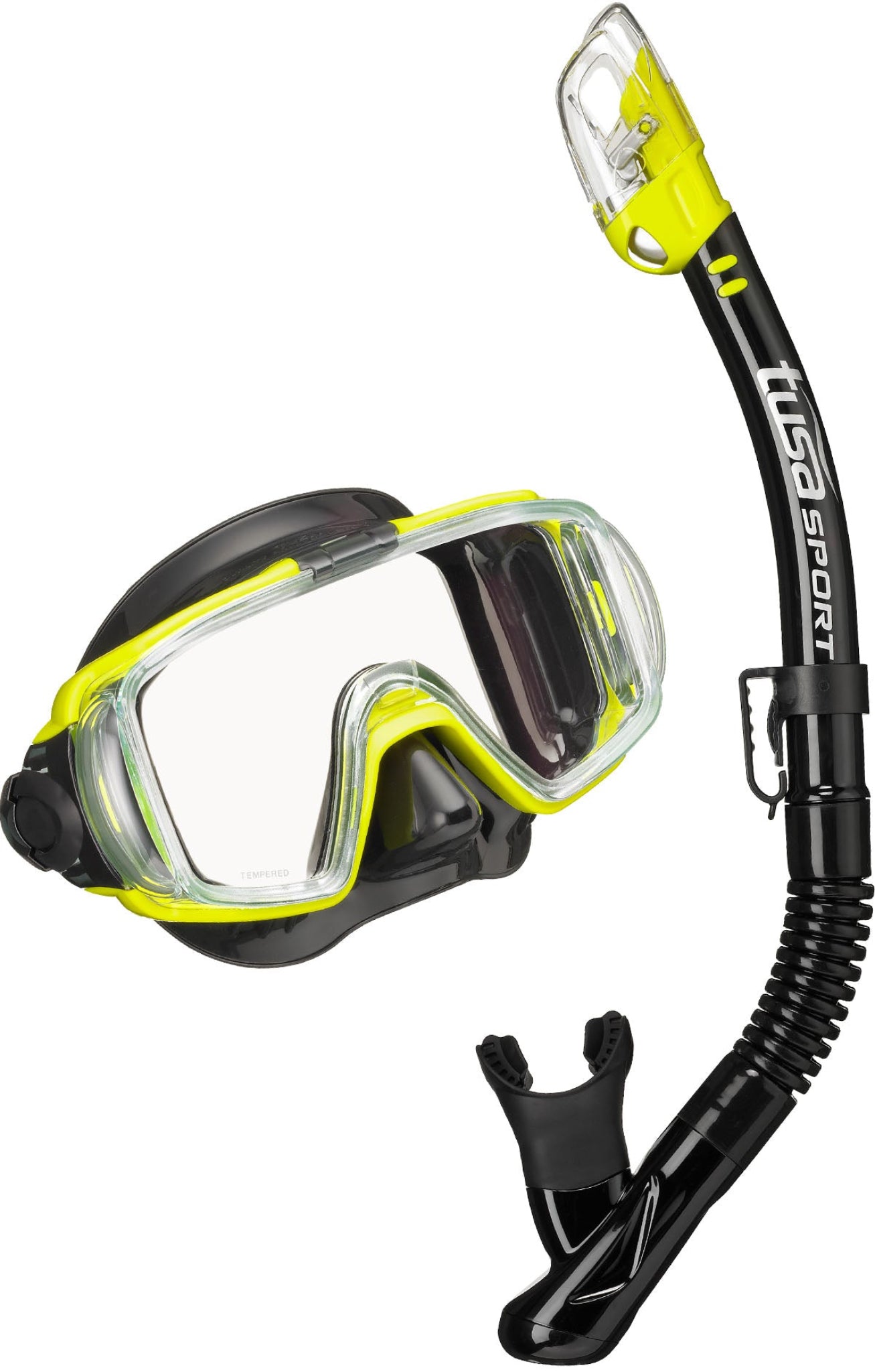 Diving mask and snorkel set with black and yellow design on a white background