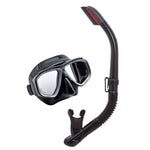 Black diving mask and snorkel set on a white background