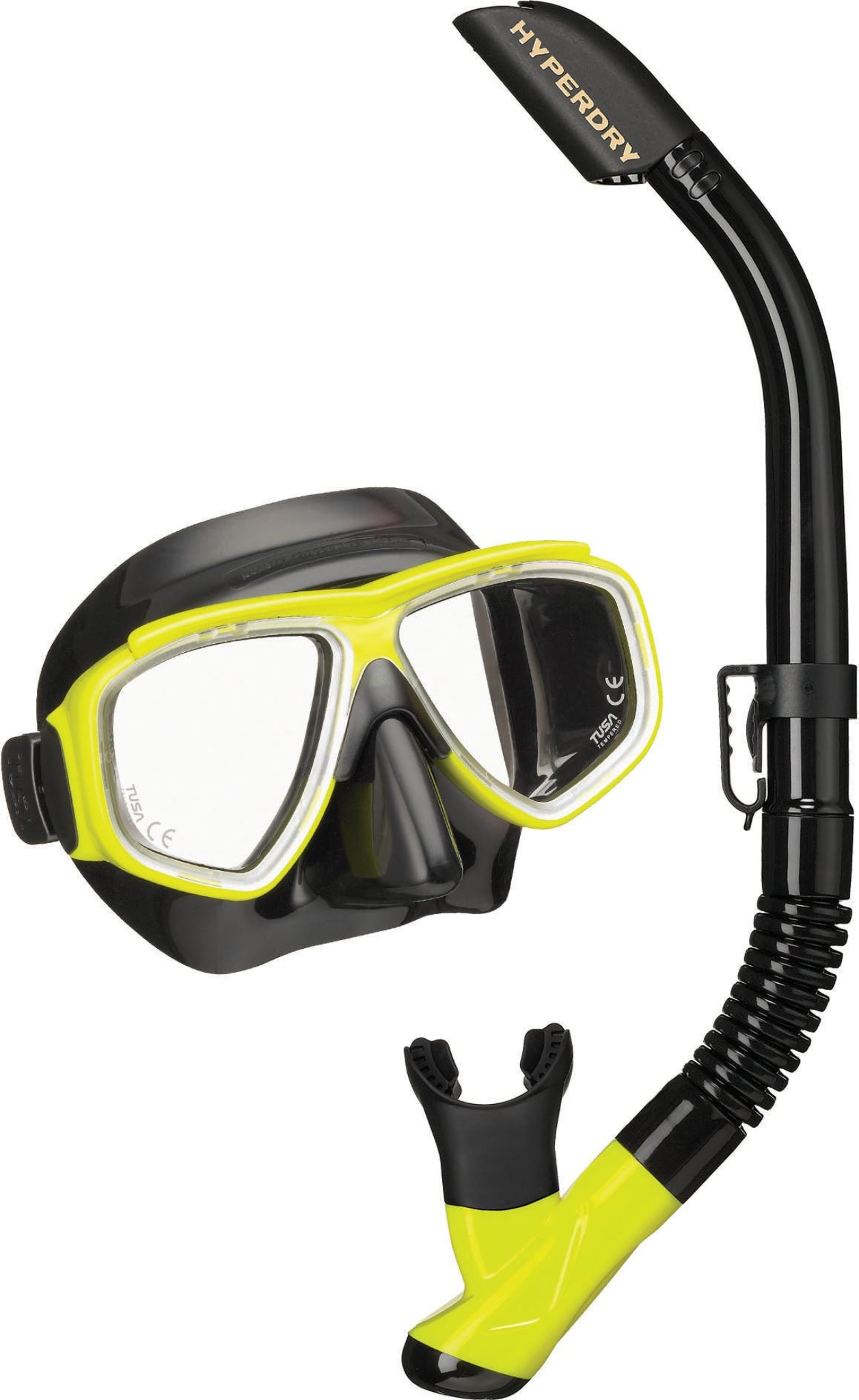 Diving mask and snorkel set with Hyperdry branding on a white background