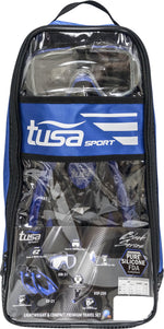 Tusa Sport diving mask and snorkel set in a clear travel case