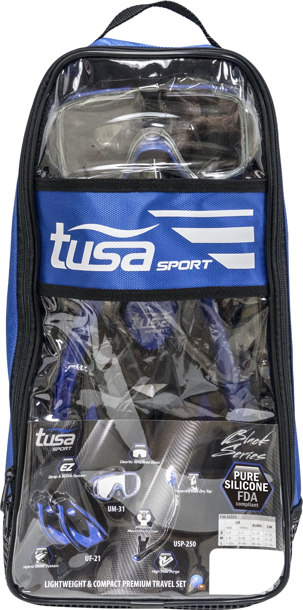 Tusa Sport diving mask and snorkel set in a clear travel case