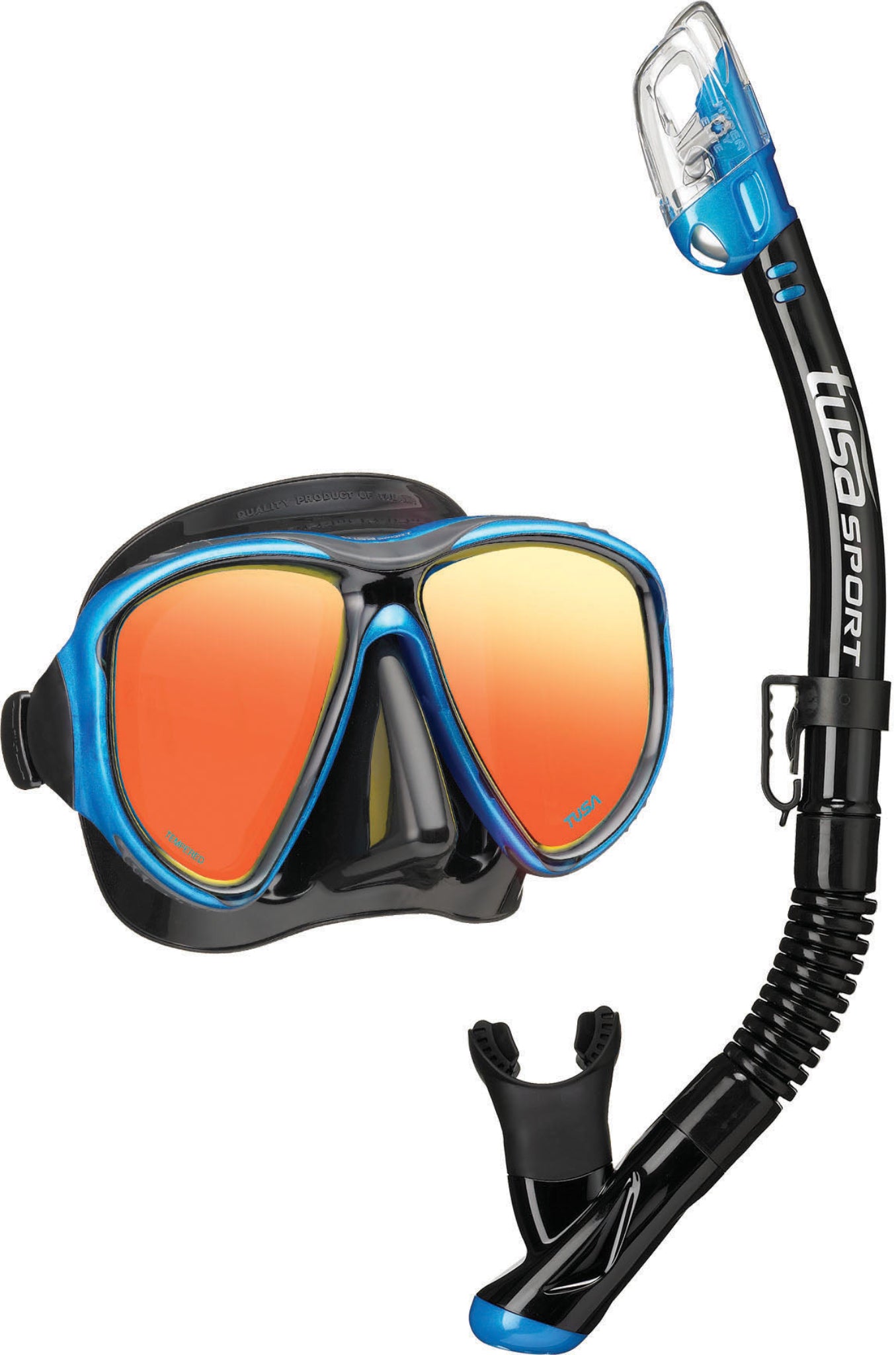 Diving mask and snorkel set with orange lenses and black frame on a white background