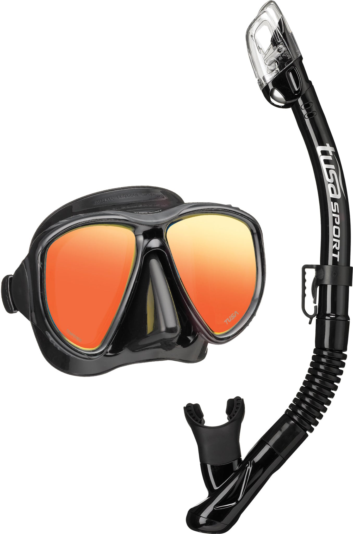 Diving mask and snorkel set with orange lenses on a white background