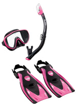Pink and black diving mask, snorkel, and fins on a white background