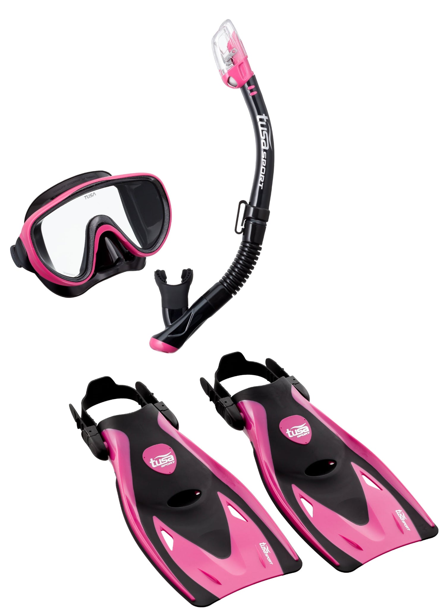 Pink and black diving mask, snorkel, and fins on a white background