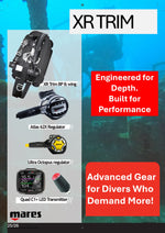 Advertisement for Mares diving gear with various regulators and a transmitter on a blue gradient background.