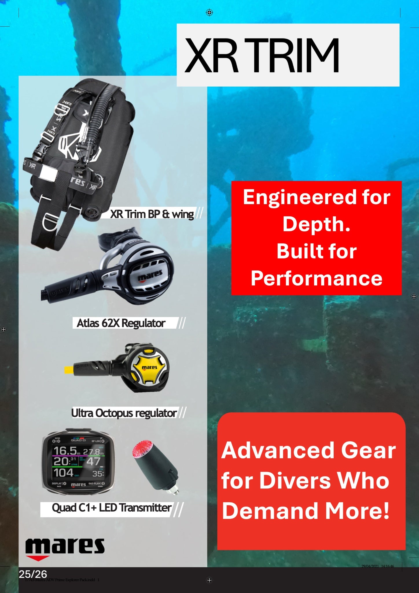 Advertisement for Mares diving gear with various regulators and a transmitter on a blue gradient background.