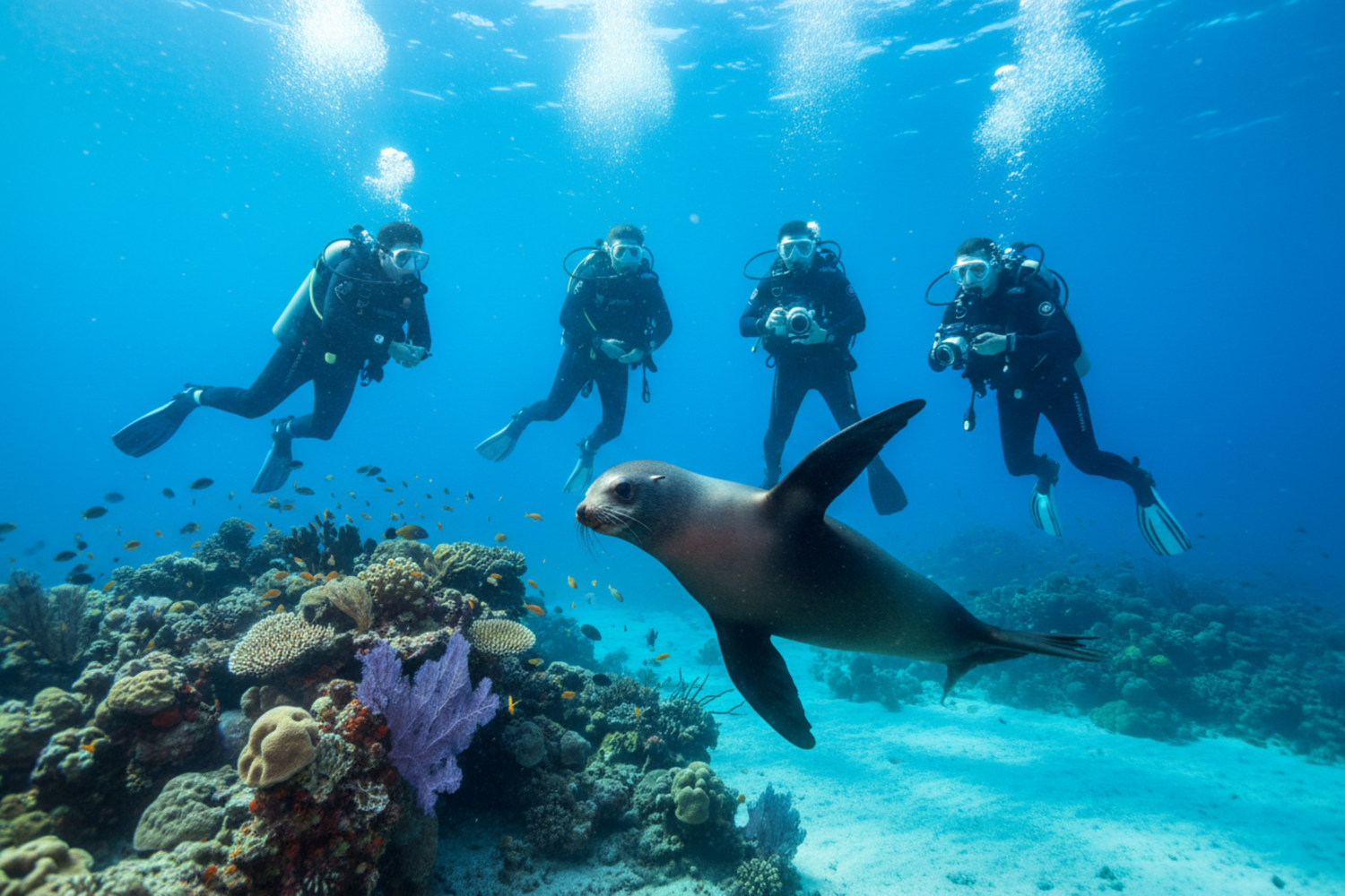 australian fur seal swimming with scuba divers